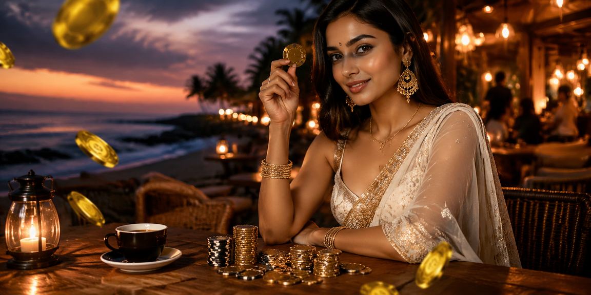 Player enjoying online casino via mobile at coastal Indian beach