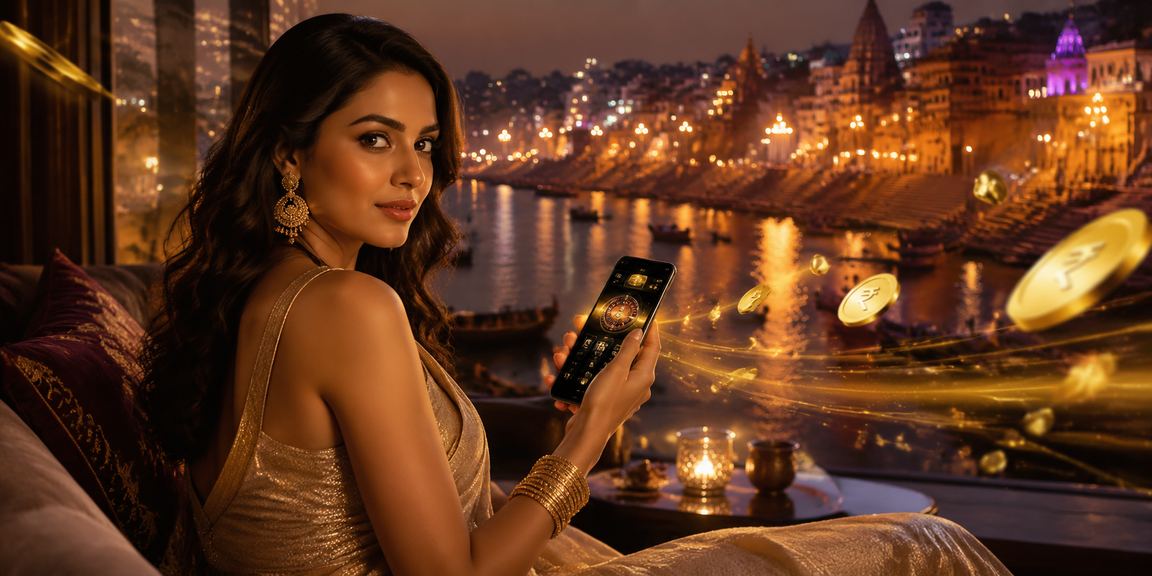 Peaceful Varanasi Ghat with mobile casino app and Indian Rupee symbol